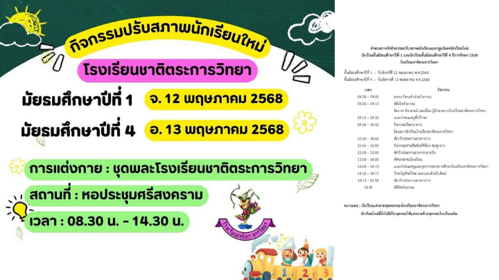 กำหนดการปรับสภาพนักเรียนใหม่ ประจำปีการศึกษา 2568